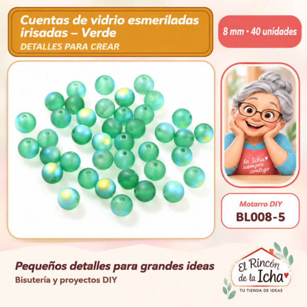 Cuentas de vidrio esmeriladas irisadas – Verde – 8 mm – 40 unidades