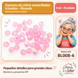 BL008-6 Cuentas de vidrio esmeriladas irisadas – Rosado – 8 mm – 40 unidades