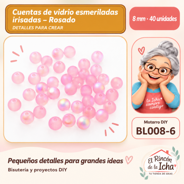 Cuentas de vidrio esmeriladas irisadas – Rosado – 8 mm – 40 unidades