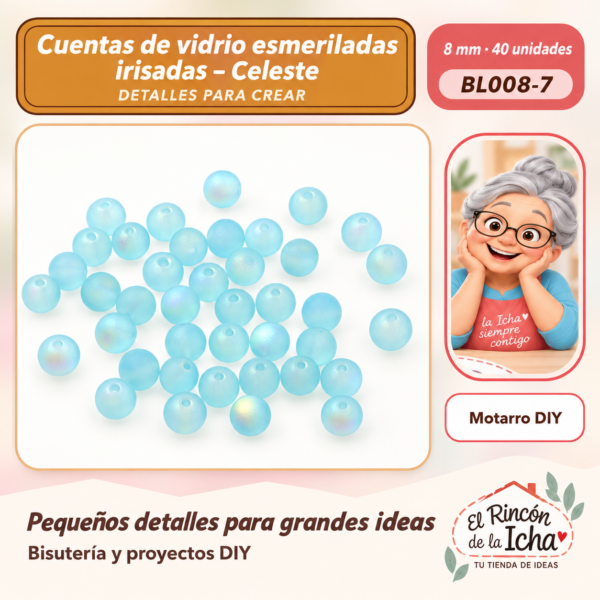 Cuentas de vidrio esmeriladas irisadas – Celeste – 8 mm – 40 unidades