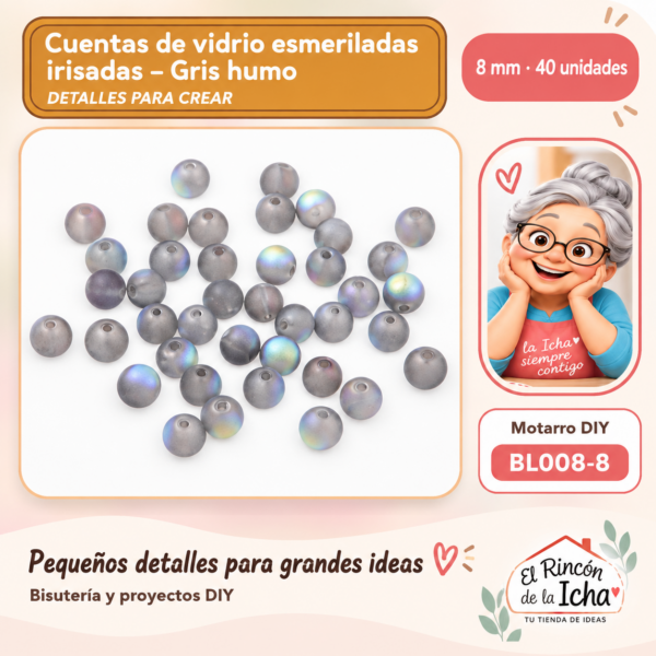 Cuentas de vidrio esmeriladas irisadas – Gris humo – 8 mm – 40 unidades