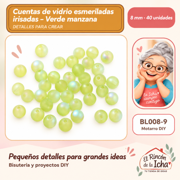 Cuentas de vidrio esmeriladas irisadas – Verde manzana – 8 mm – 40 unidades