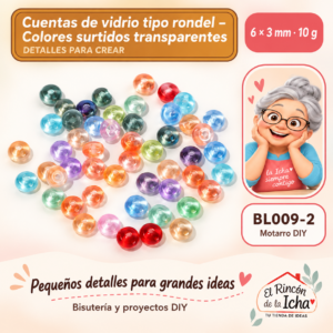 BL009-2 Cuentas de vidrio tipo rondel – Colores surtidos transparentes – 6 × 3 mm – 10 g