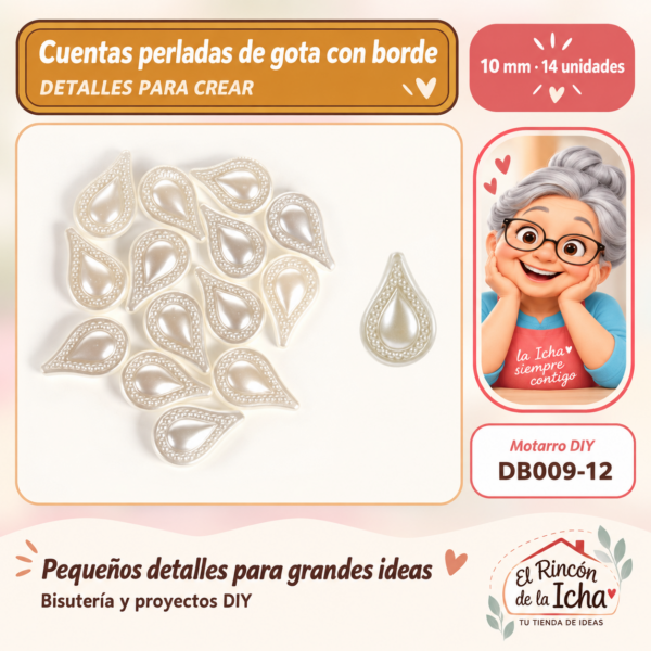 Cuentas perladas de gota con borde – 10 mm – 14 unidades