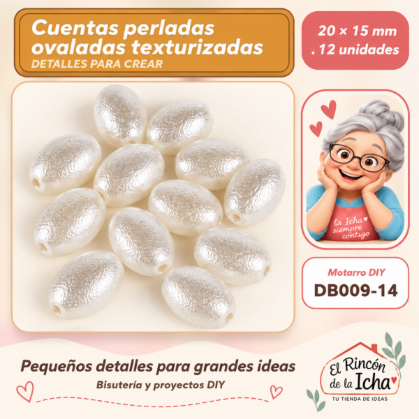 Cuentas perladas ovaladas texturizadas – 20 × 15 mm – 12 unidades