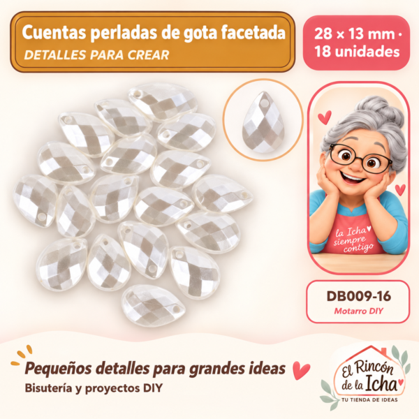 Cuentas perladas de gota facetada – 28 × 13 mm – 18 unidades