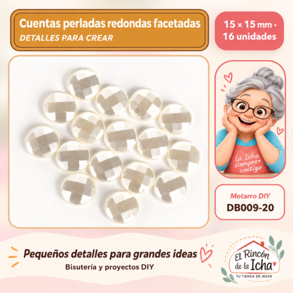 Cuentas perladas redondas facetadas – 15 × 15 mm – 16 unidades