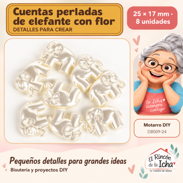 Cuentas perladas de elefante con flor – 25 × 17 mm – 8 unidades