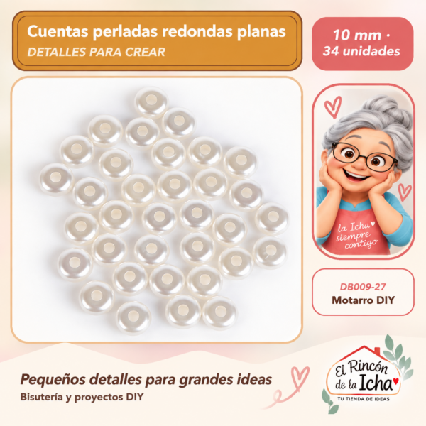 Cuentas perladas redondas planas – 10 mm – 34 unidades