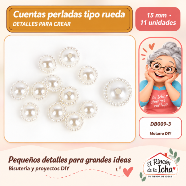 Cuentas perladas tipo rueda – 15 mm – 11 unidades