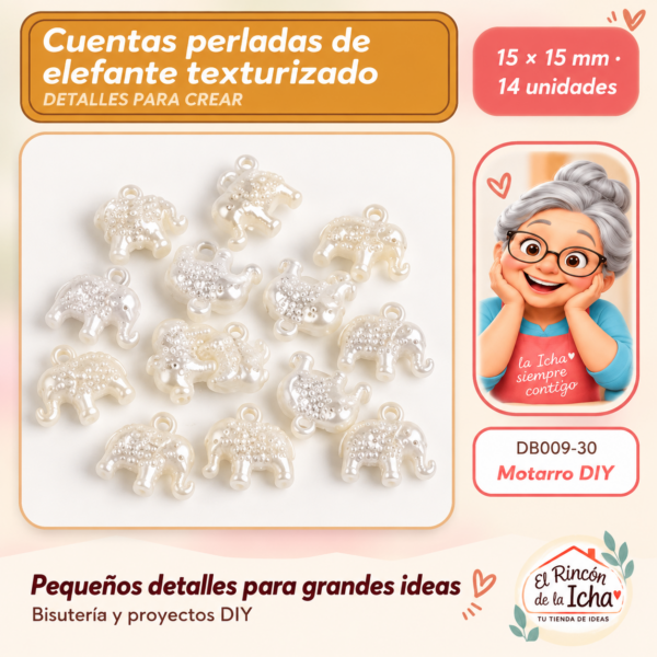 Cuentas perladas de elefante texturizado – 15 × 15 mm – 14 unidades