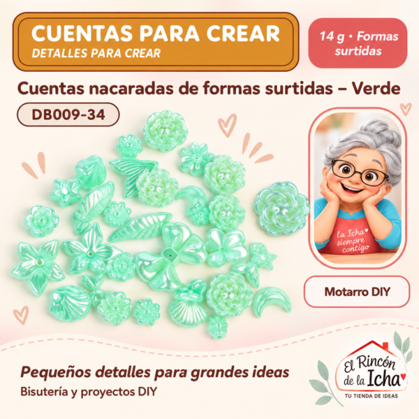 DB009-34 Cuentas nacaradas de formas surtidas – Verde – 14 g