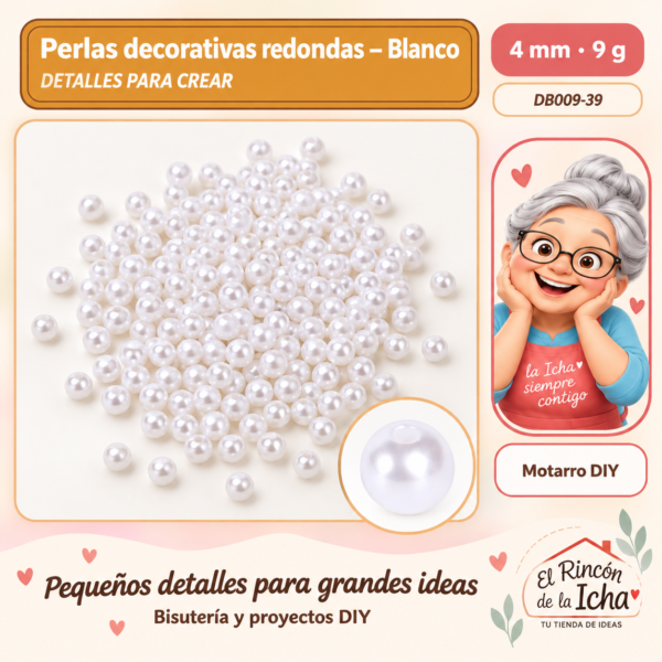 Perlas decorativas redondas – Blanco – 4 mm – 9 g