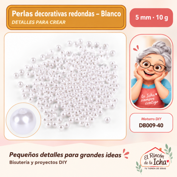 Perlas decorativas redondas – Blanco – 5 mm – 10 g