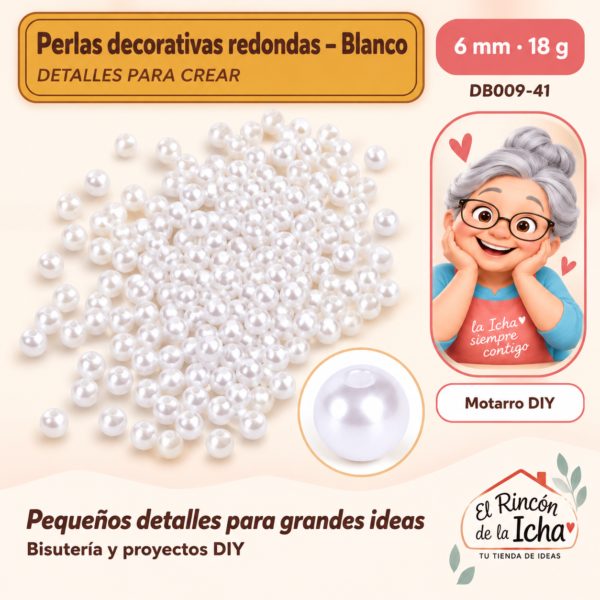 Perlas decorativas redondas – Blanco – 6 mm – 18 g