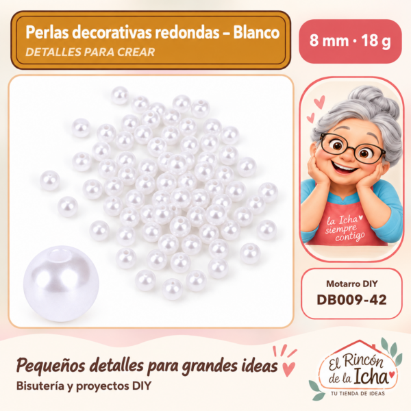 Perlas decorativas redondas – Blanco – 8 mm – 18 g