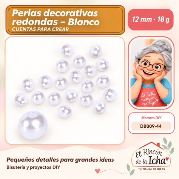 Perlas decorativas redondas – Blanco – 12 mm – 18 g