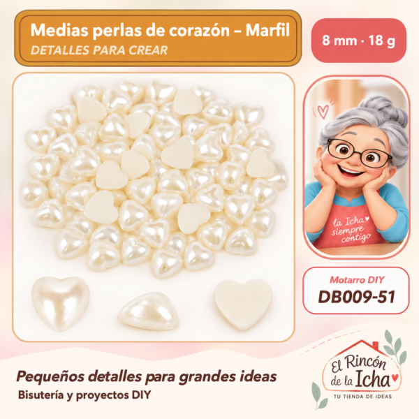 Medias perlas de corazón – Marfil – 8 mm – 18 g