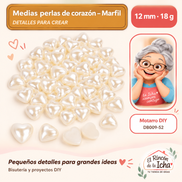 Medias perlas de corazón – Marfil – 12 mm – 18 g