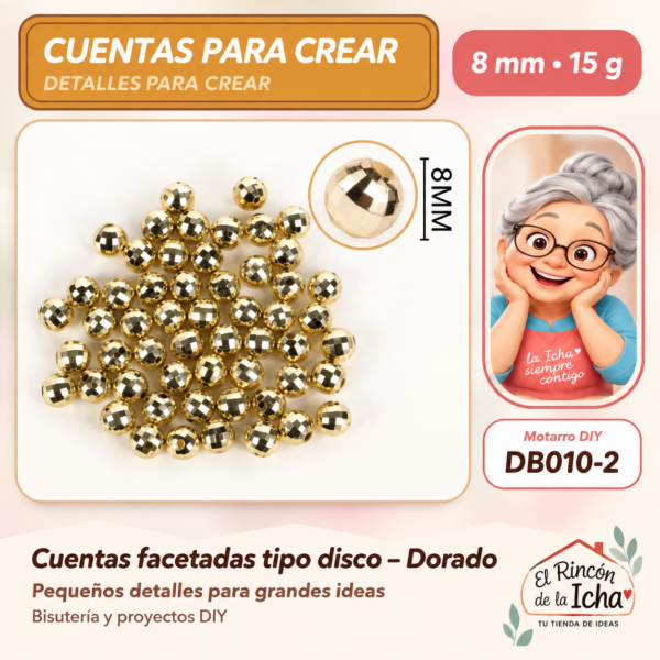 Cuentas facetadas tipo disco – Dorado – 8 mm – 15 g