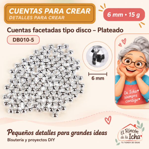 Cuentas facetadas tipo disco – Plateado – 6 mm – 15 g