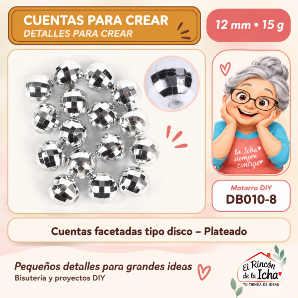 Cuentas facetadas tipo disco – Plateado – 12 mm – 15 g