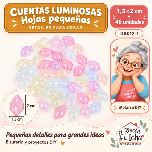 DB012-1 Cuentas luminosas – Hojas pequeñas – 1,3 × 2 cm – 46 unidades