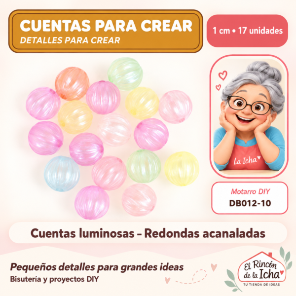 DB012-10 Cuentas luminosas – Redondas acanaladas – 1 cm – 17 unidades
