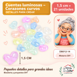 DB012-14 Cuentas luminosas – Corazones curvos – 1,5 cm – 21 unidades