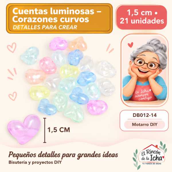 DB012-14 Cuentas luminosas – Corazones curvos – 1,5 cm – 21 unidades