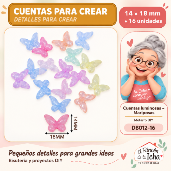DB012-16 Cuentas luminosas – Mariposas – 14 × 18 mm – 16 unidades