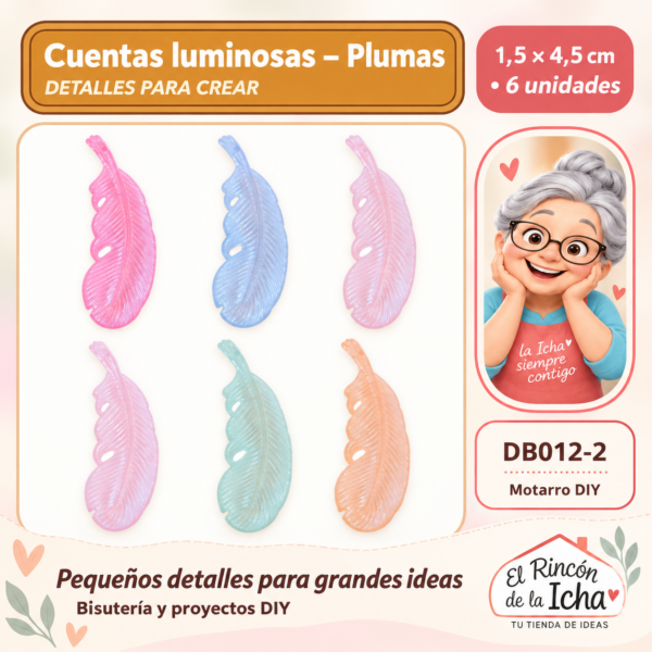 DB012-2 Cuentas luminosas – Plumas – 1,5 × 4,5 cm – 6 unidades