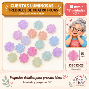 DB012-23 Cuentas luminosas – Tréboles de cuatro hojas – 15 mm – 17 unidades