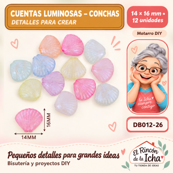 DB012-26 Cuentas luminosas – Conchas – 14 × 16 mm – 12 unidades