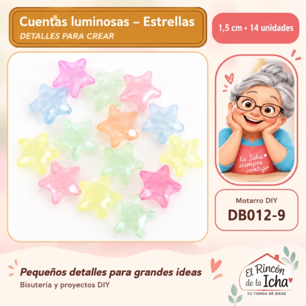 DB012-9 Cuentas luminosas – Estrellas – 1,5 cm – 14 unidades