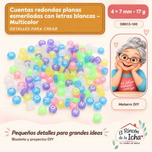 DB013-100 Cuentas redondas planas esmeriladas con letras blancas – Multicolor – 4 × 7 mm – 17 g