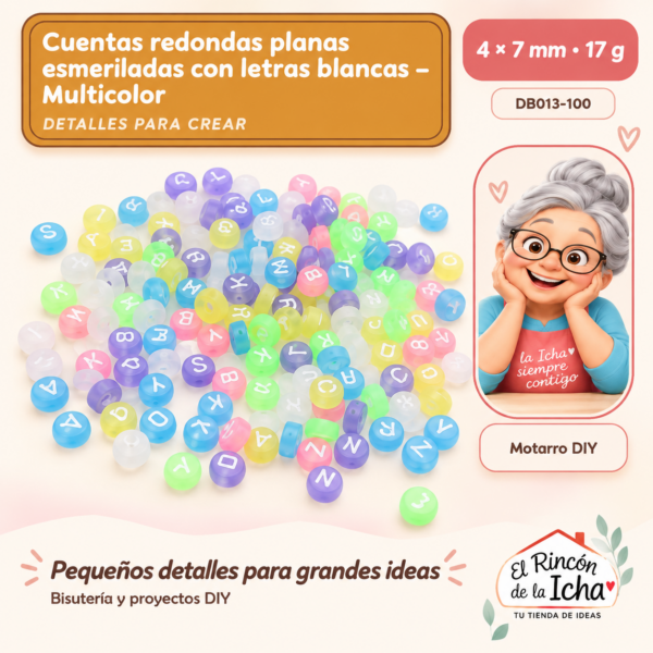 Cuentas redondas planas esmeriladas con letras blancas – Multicolor – 4 × 7 mm – 17 g