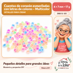 DB013-101 Cuentas de corazón esmeriladas con letras de colores – Multicolor – 4 × 7 mm – 17 g