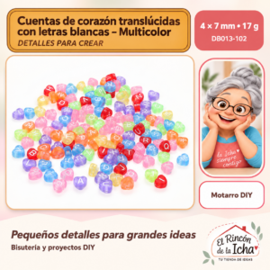 DB013-102 Cuentas de corazón translúcidas con letras blancas – Multicolor – 4 × 7 mm – 17 g
