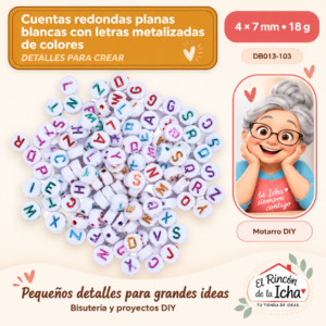 DB013-103 Cuentas redondas planas blancas con letras metalizadas de colores – 4 × 7 mm – 18 g