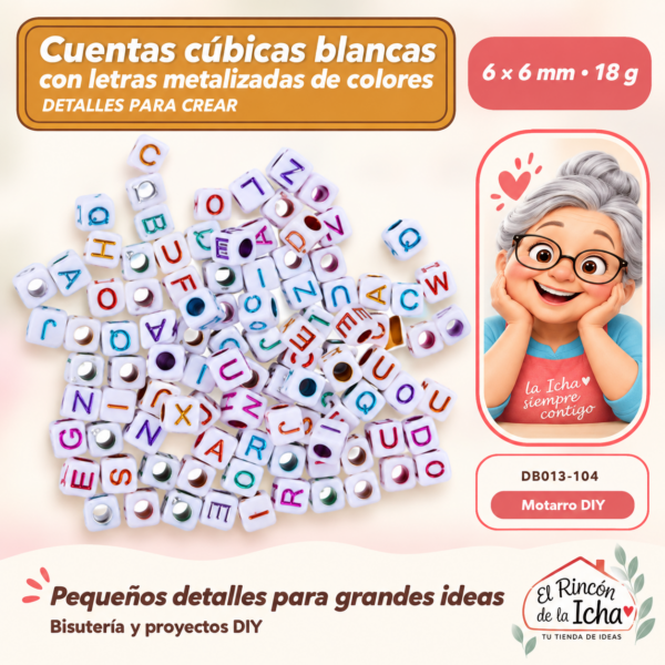 Cuentas cúbicas blancas con letras metalizadas de colores – 6 × 6 mm – 18 g