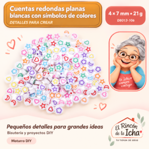 DB013-106 Cuentas redondas planas blancas con símbolos de colores – 4 × 7 mm – 21 g