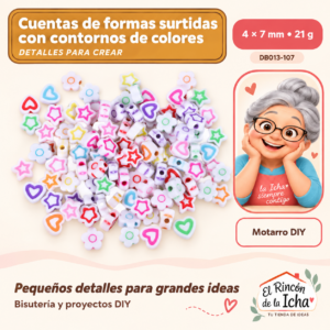 DB013-107 Cuentas de formas surtidas con contornos de colores – 4 × 7 mm – 21 g