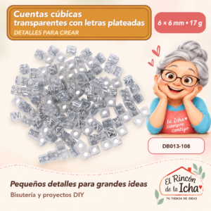 DB013-108 Cuentas cúbicas transparentes con letras plateadas – 6 × 6 mm – 17 g