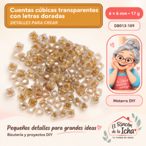 DB013-109 Cuentas cúbicas transparentes con letras doradas – 6 × 6 mm – 17 g