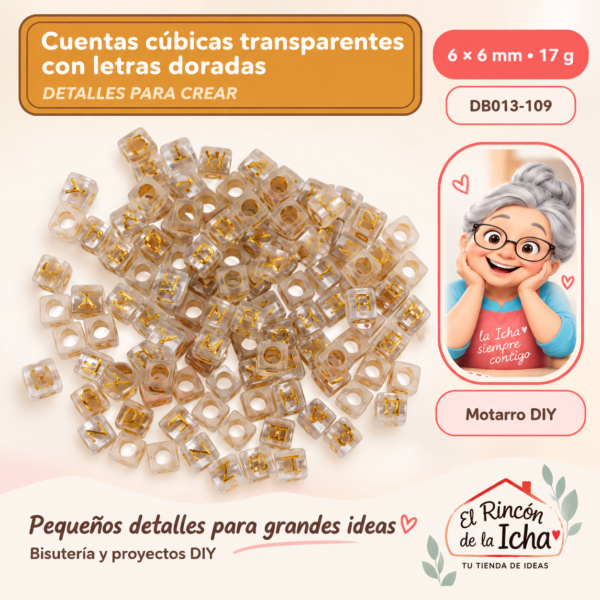 Cuentas cúbicas transparentes con letras doradas – 6 × 6 mm – 17 g