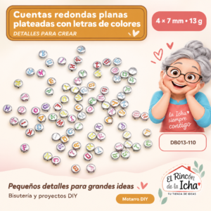 DB013-110 Cuentas redondas planas plateadas con letras de colores – 4 × 7 mm – 13 g