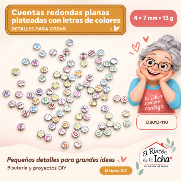 Cuentas redondas planas plateadas con letras de colores – 4 × 7 mm – 13 g