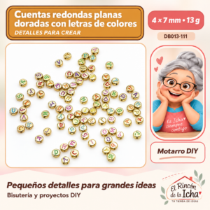 DB013-111 Cuentas redondas planas doradas con letras de colores – 4 × 7 mm – 13 g