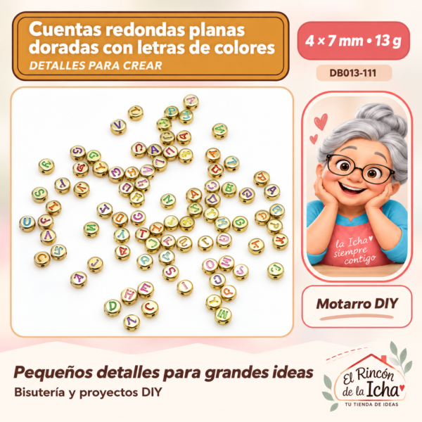 Cuentas redondas planas doradas con letras de colores – 4 × 7 mm – 13 g